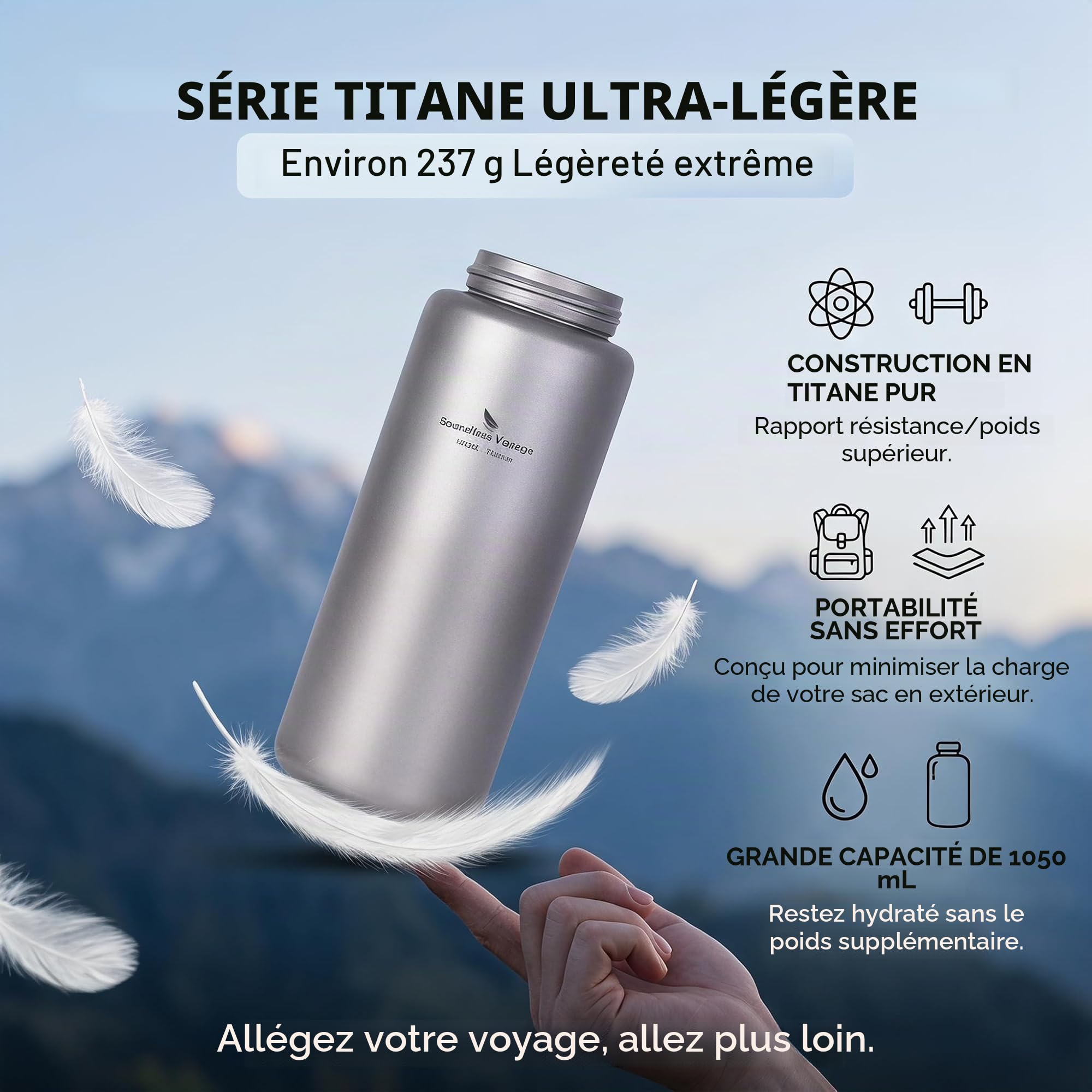 iBasingo 1050 ML Titane Bouteille d'eau Extérieure Étanche Large Bouche Sport Bouteille Potable Camping Thé Café Cafetière Bouilloire pour Randonnée Escalade Ti1591I