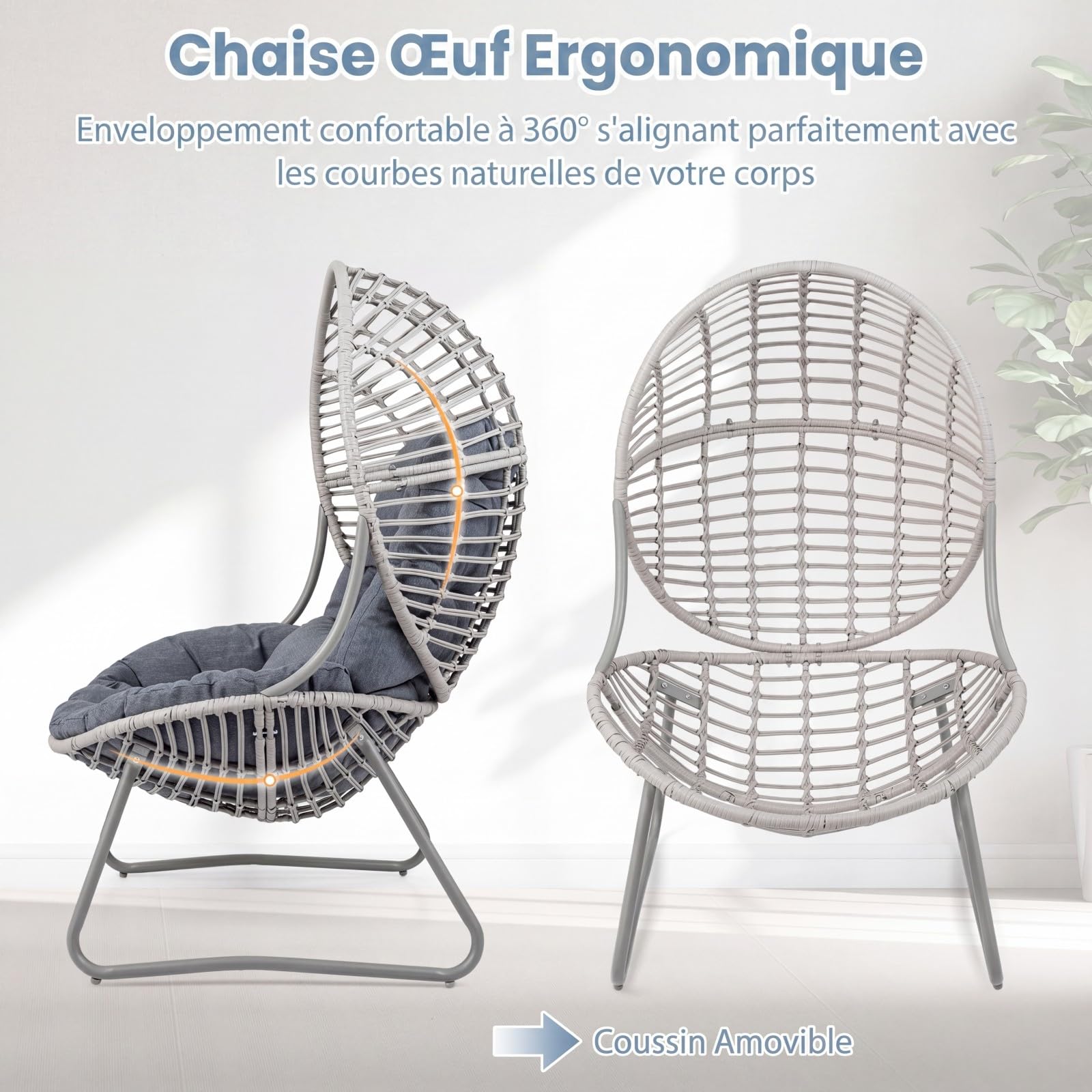 COSTWAY Fauteuil Œuf sur Pied en Rotin PE, Coussins Amovibles