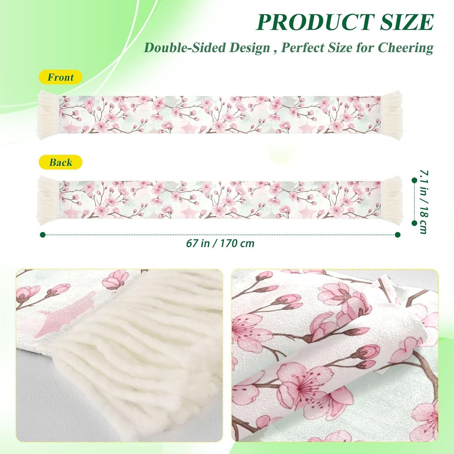 CHIFIGNO Cherry Blossom Pink Flowers Sports Fan Scarf Towel, Soft Absorbent Polyester Rally Scarf for Soccer Fans, Quick Dry Cheering Banner