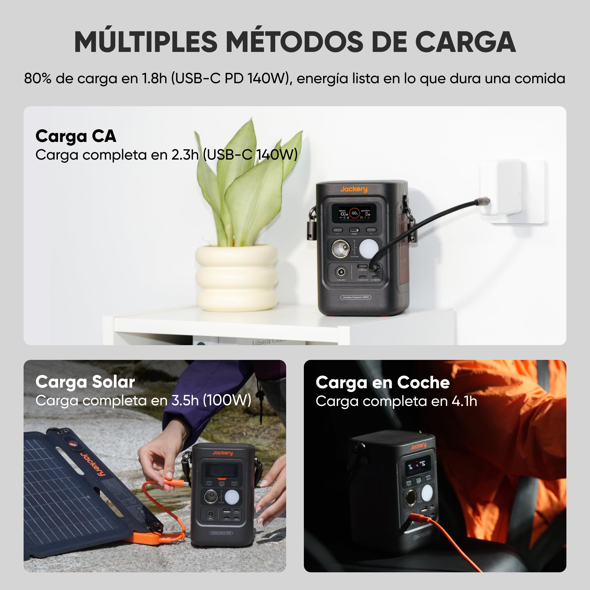 Jackery Explorer 300D Estación de Energía Portátil, 288Wh Batería LFP, Cable 2 en 1 para Transportar y Cargar, 5 Puertos USB-C/USB-A/CC 300W, Generador Solar para Actividad al Aire Libre, Teletrabajo