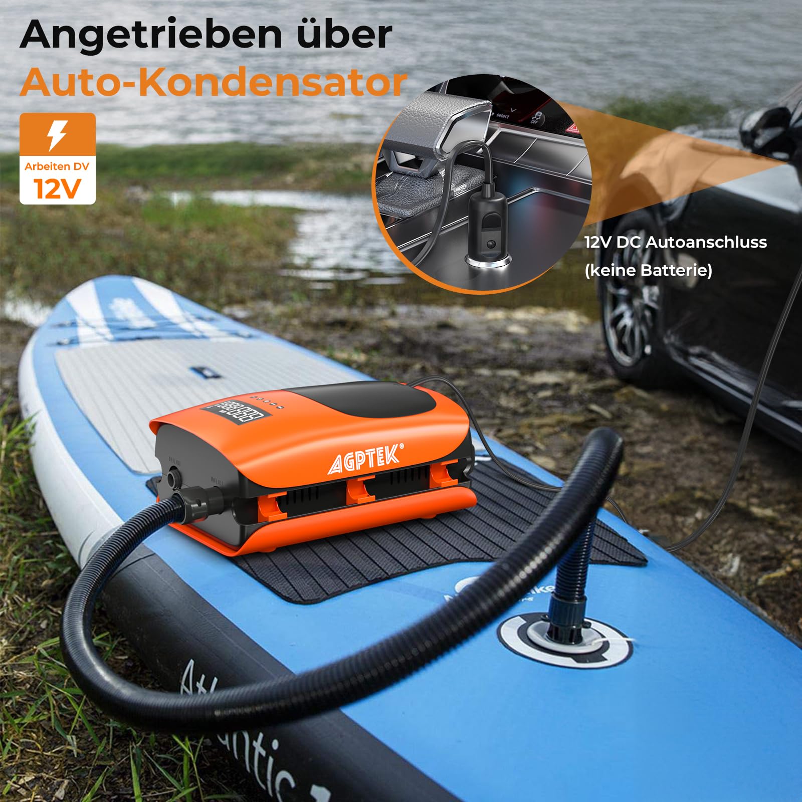 AGPTEK 22PSI SUP Pumpe Elektrisch, tragbare SUP Board Pumpe, Aufblas- und Entleerungsfunktion Auto-Off &12V DC Autoanschluss Zweistufig für aufblasbare Stand up Paddle Boards, Boote, Kajak