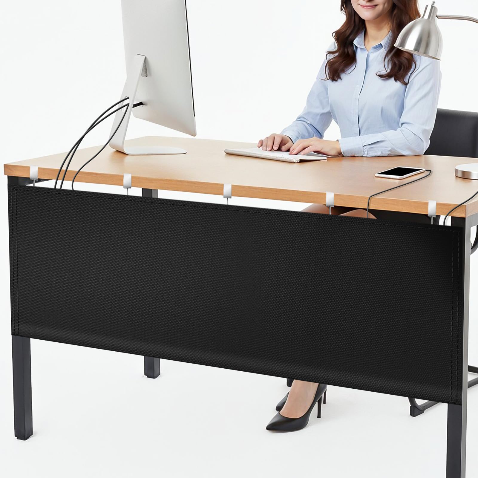 UNIFAMILY No Drill Under Desk Privacy Panel and Cable Management Organizer Sleeve, 600D Oxford Modesty Desk Panel for Cord Organizer, Desks Skirt for Home Office or Standing Workstation