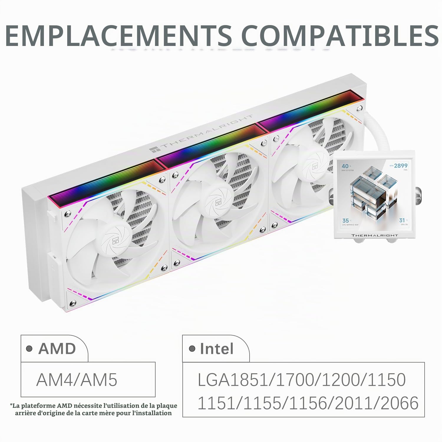 TR Thermalright Peerless Vision 360 ARGB Blanc Refroidisseur de processeur liquide, écran LCD IPS 3,95 pouces avec résolution 480x480-Magnétique, 360mm Aio, pour AM4/AM5, LGA1851/1700/115x