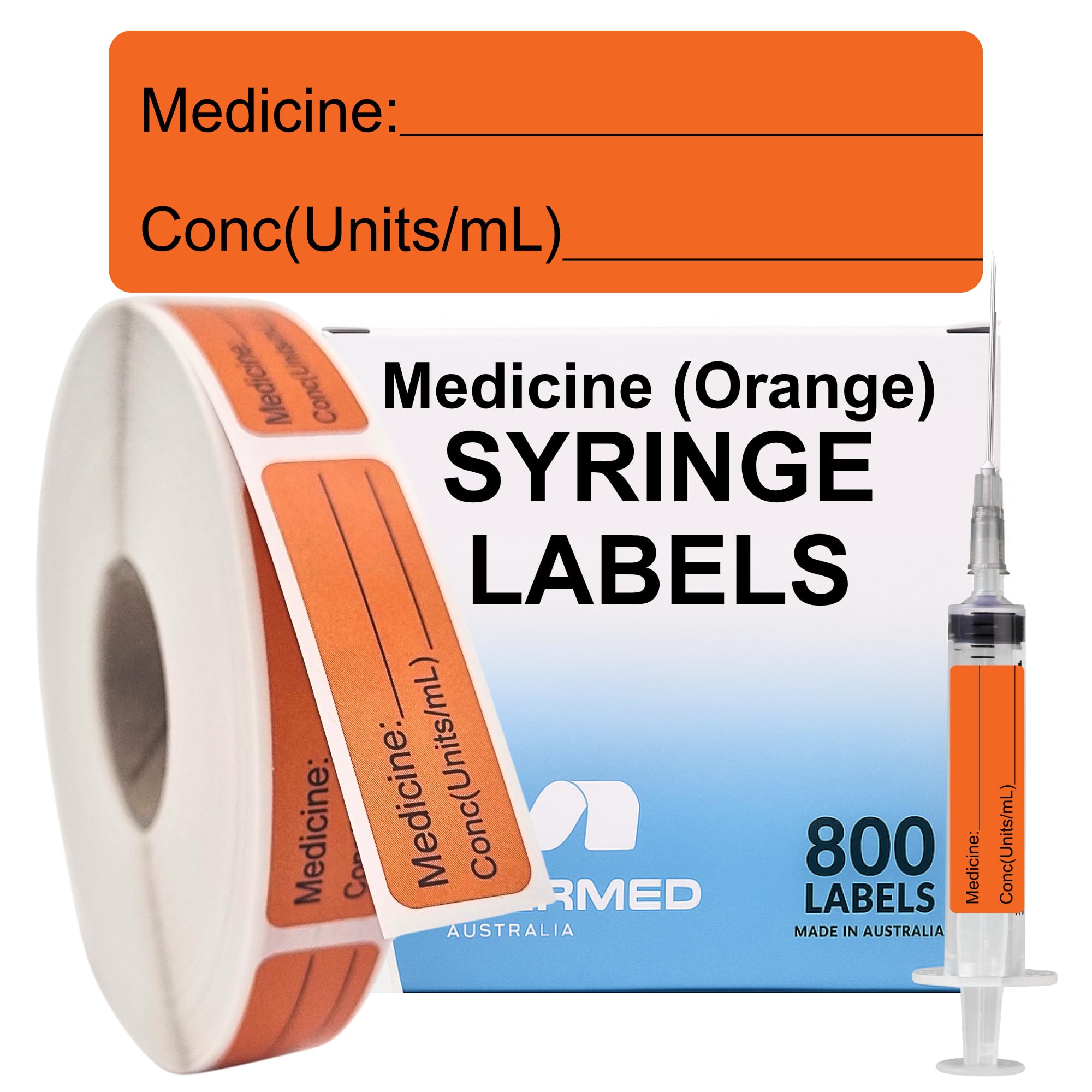 Orange Medicine Syringe Labels (Units/mL) - 800 Medication Labels Stickers, 12mm x 40mm, for Hospitals, Pharmacy &amp; Vet