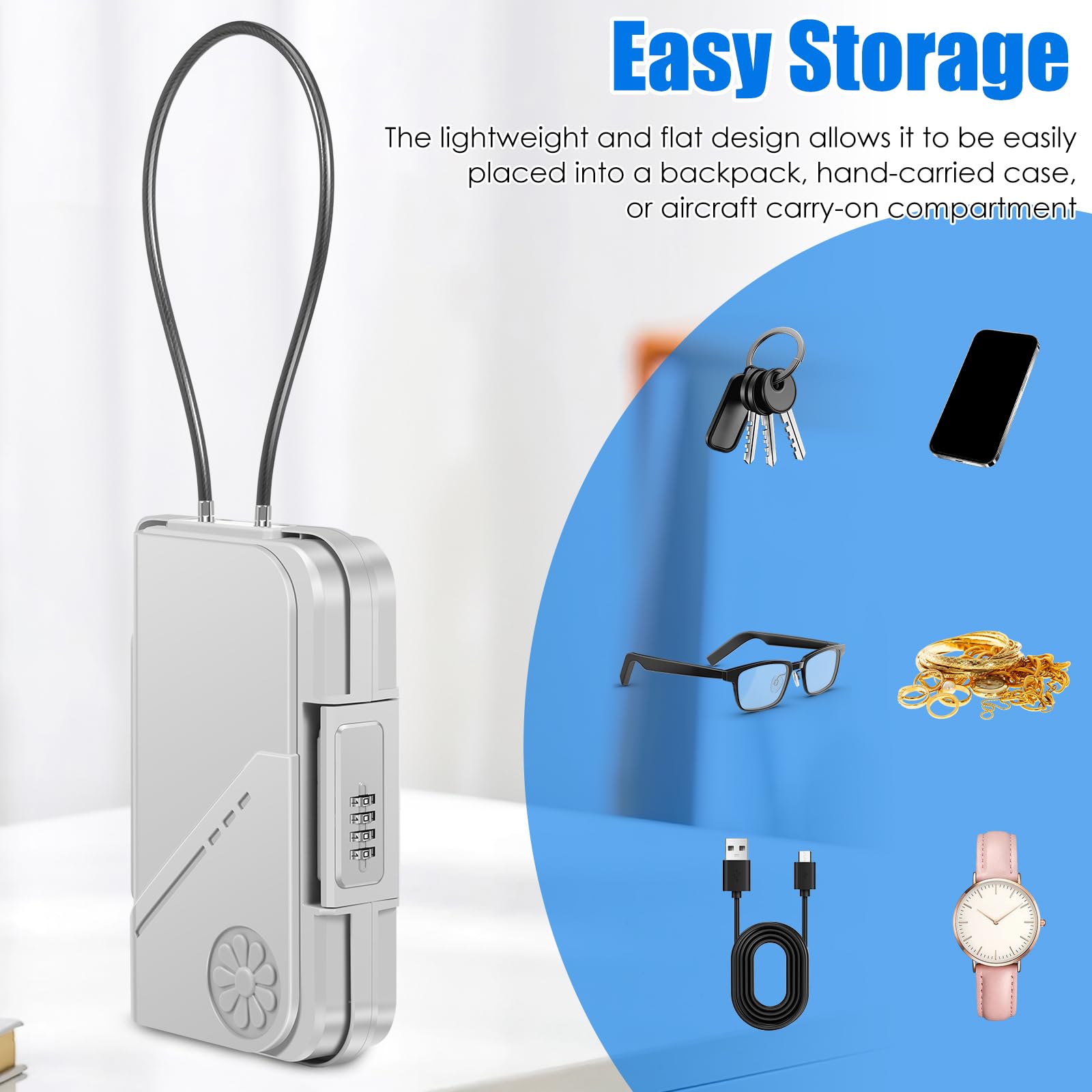 Caja fuerte portátil impermeable con cerradura de combinación de 4 dígitos, resistente a los cortes, resistente a los golpes, con cuerda de alambre extraíble de 7 mm de grosor, caja de seguridad para