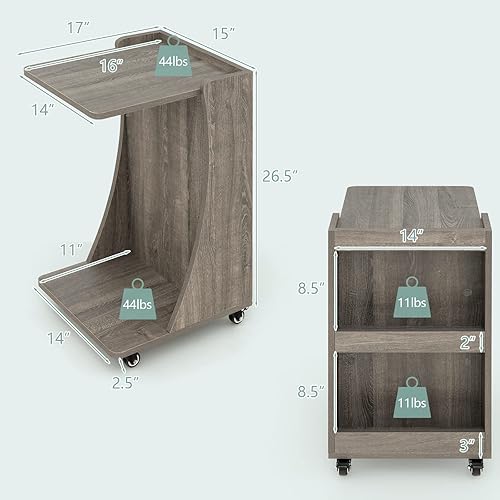 Miniatura 3 de GOFLAME Juego de 2 mesas auxiliares en forma de C, mesa auxiliar de sofá móvil con 2 compartimentos traseros de almacenamiento, ruedas giratorias