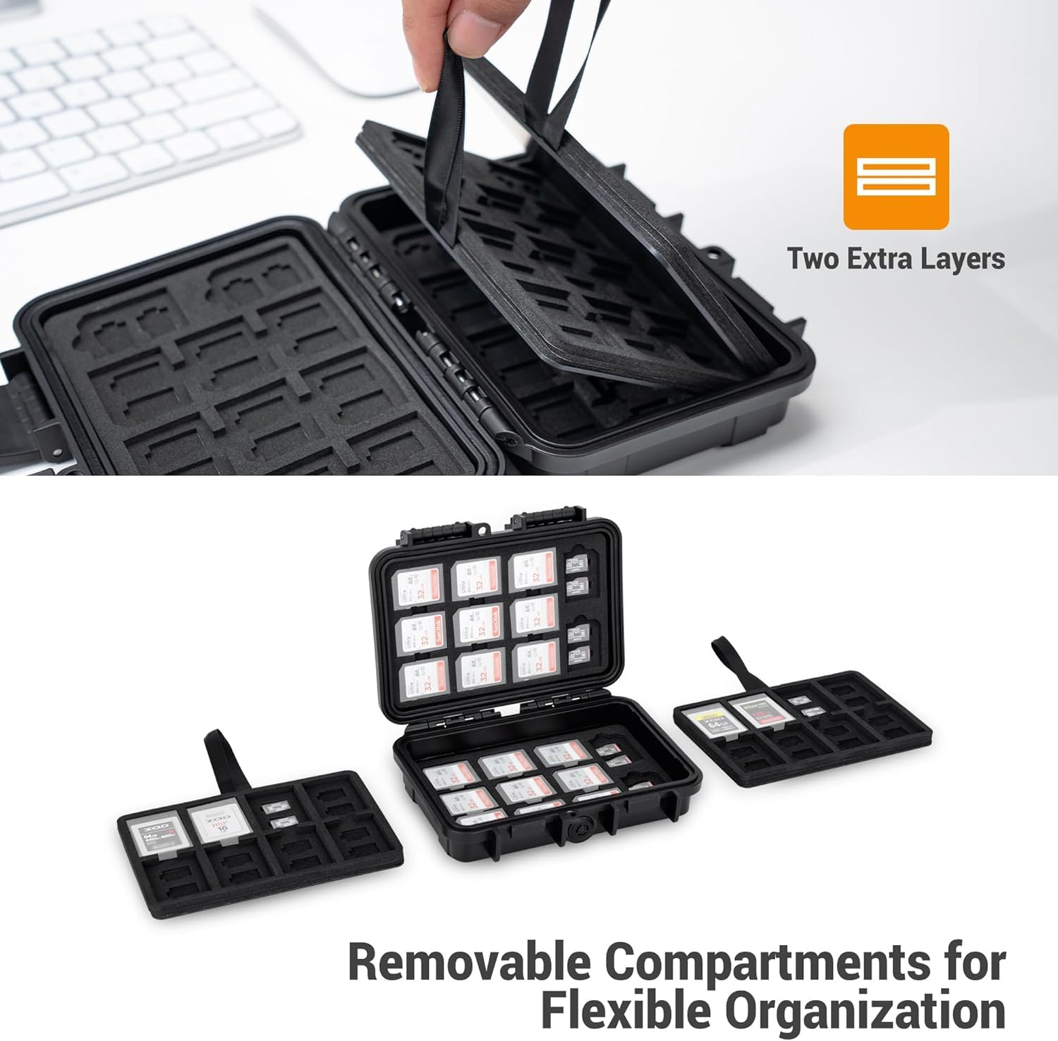 KIWIFOTOS Étui pour cartes mémoire SD et Micro SD, étanche à 114 emplacements pour cartes 22 SD, 76 MicroSD et 16 CFexpress Type-B avec mousse EVA pour protection des accessoires d'appareil photo