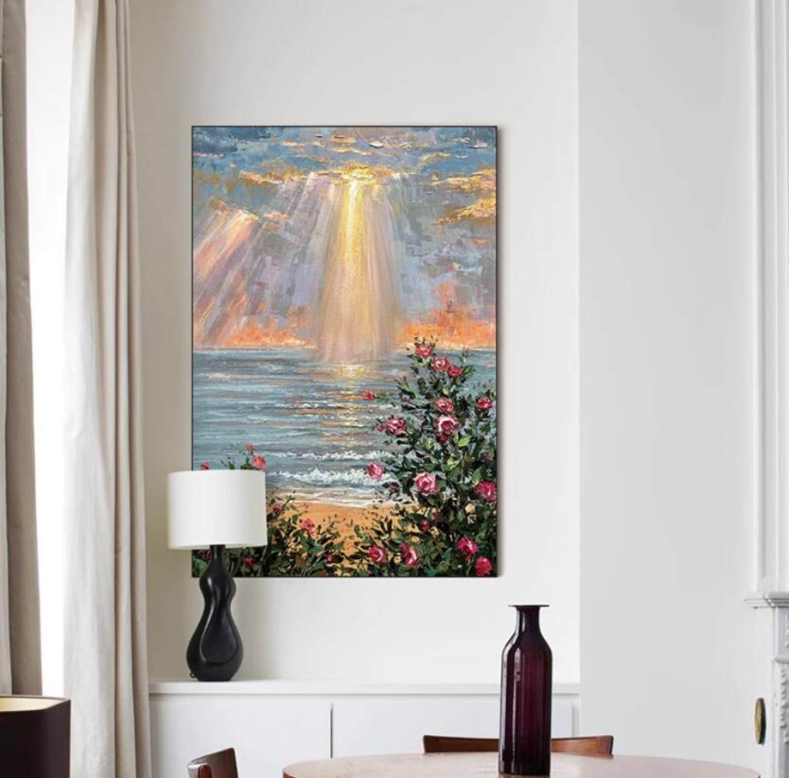 Peinture à l'huile paysage marin soleil rose fait main grand format art mural salon