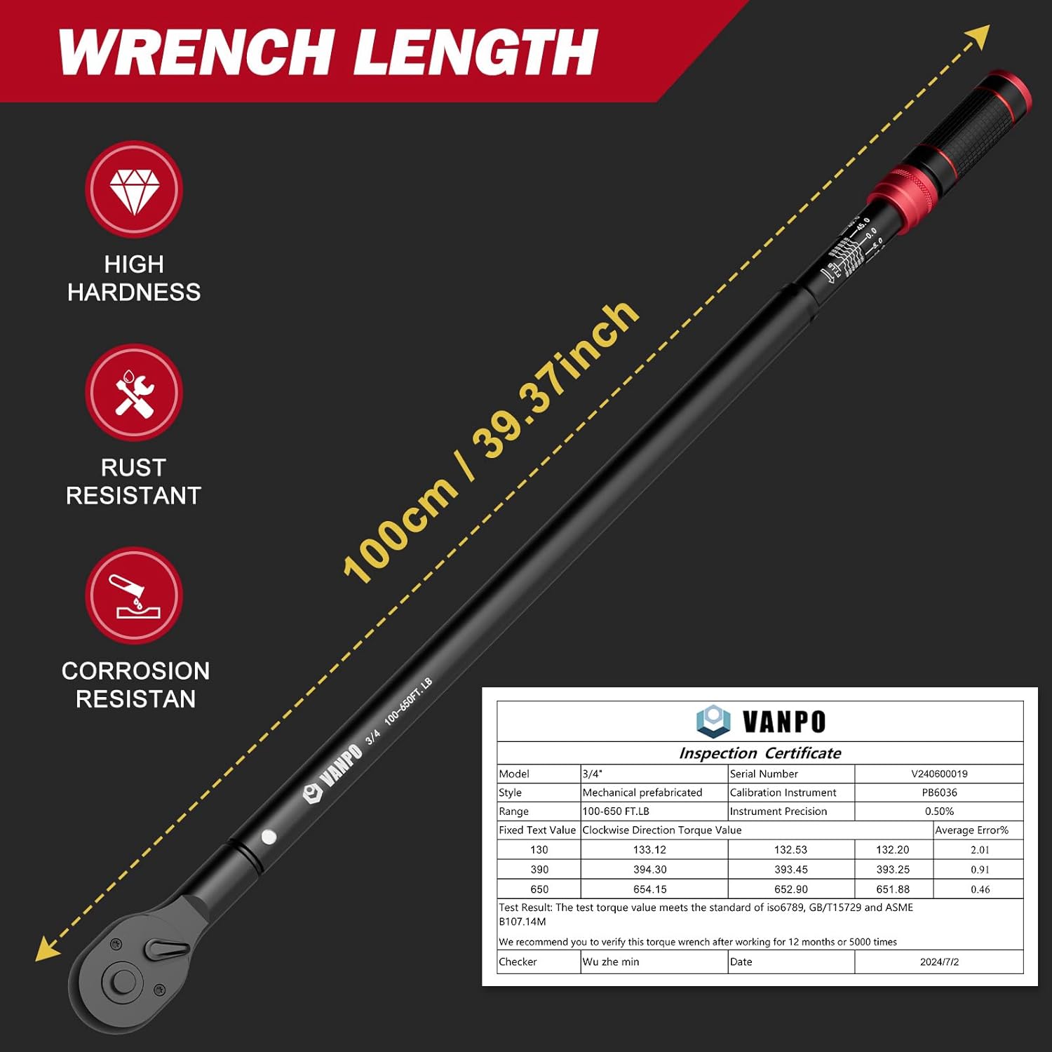 VANPO 3/4-inch Drive Click Torque Wrench, 100-650Ft-Lb/135.5-880.8Nm, Industrial Adjustable Torque Wrench Set with a Hex Key for Oil Rigs, Trucks & Off-Road Equipment