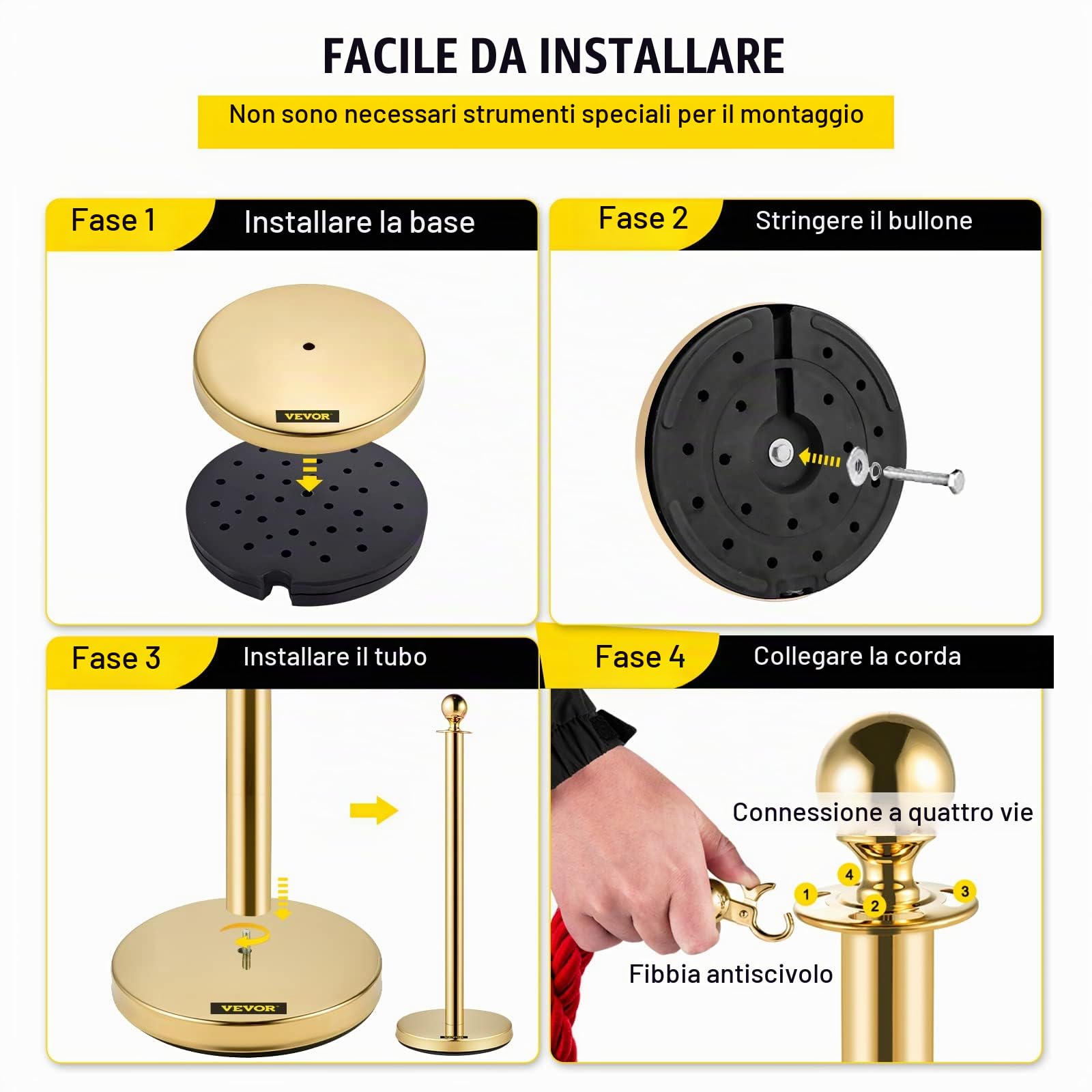 VEVOR Paletto di Controllo della Folla con Corda di Velluto, Paletto di Controllo della Folla in Acciaio Inossidabile, 4 Corde di Velluto Rosso 1,5 m con Parte Superiore a Sfera per Eventi, 6 Pezzi