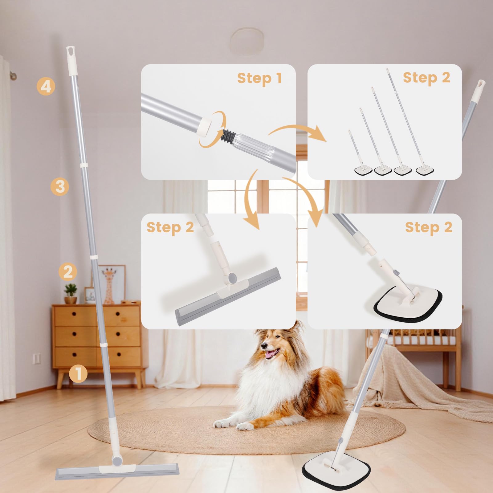 AMOSTIIIIC Removedor de pelo de mascotas para gatos y perros, herramienta reutilizable de depilación de mascotas con mango largo ajustable para pelaje de mascotas en el sofá de la escalera, cepillo