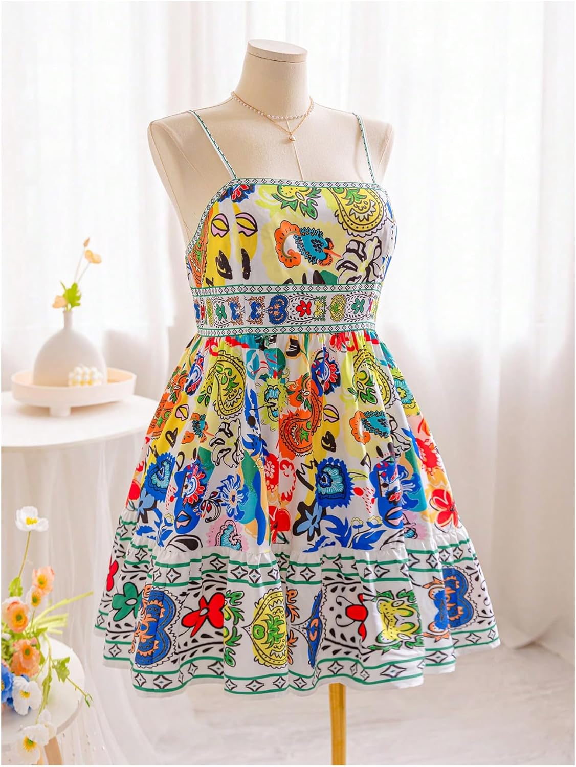 Floerns Women's Plus Size Floral Print Tie Front Ruffle Hem Cami Summer Dress - Image 3