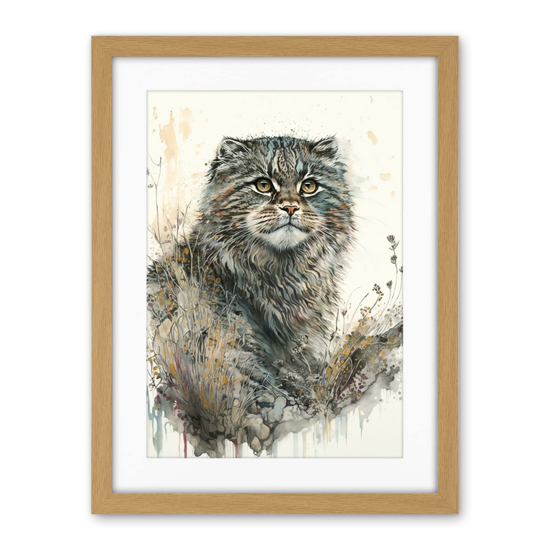 Artery8 Manul Pallas Cat Portrait in Wildflowers Watercolour Illustration Artwork Framed Wall Art Print 18X24 Inch
