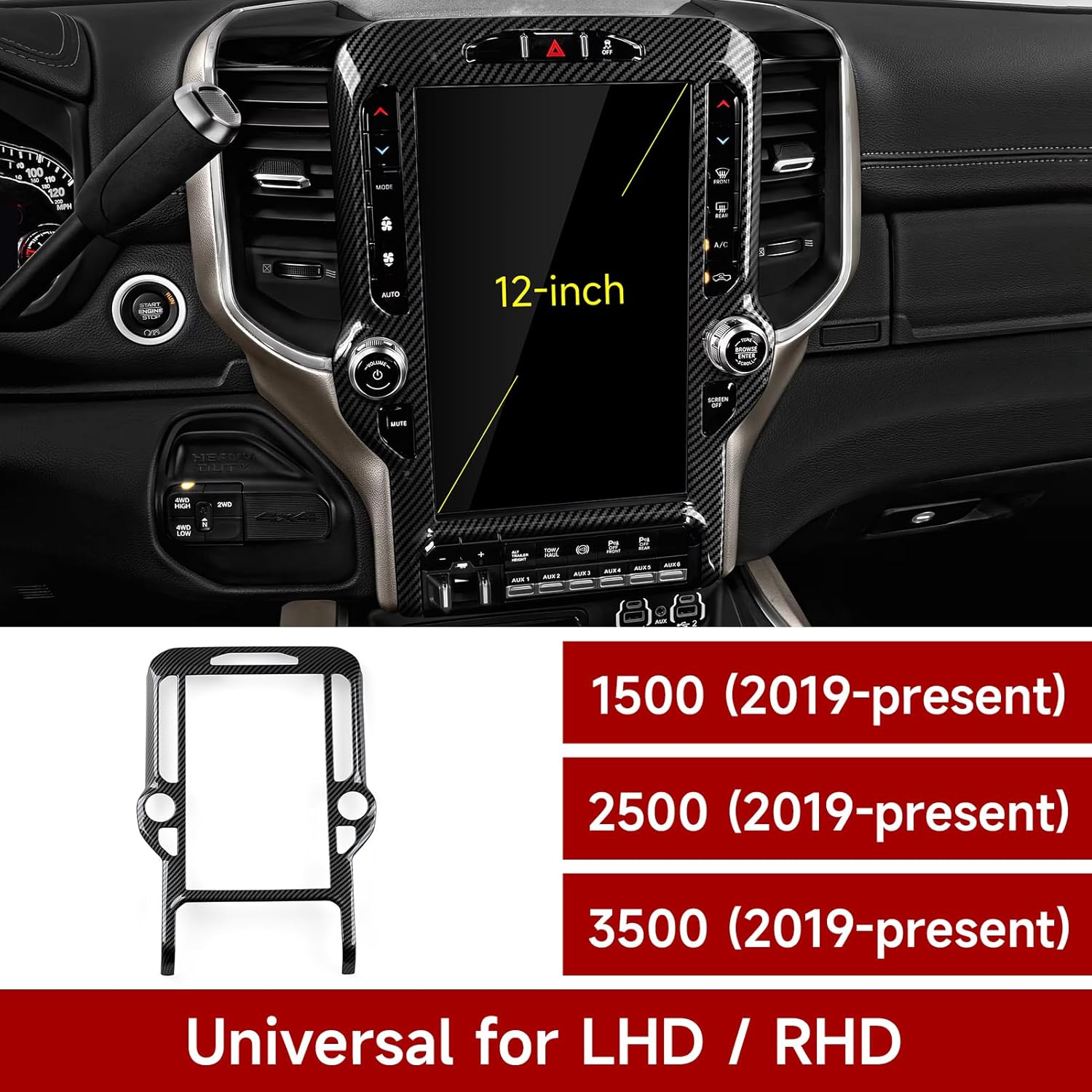 Car Center Console Navigation Panel Decals for 2019-2026 Dodge Ram 1500 2500 3500 Accessories Carbon Fiber Stickers, 12inch Center Console Navigation Panel, 12inch