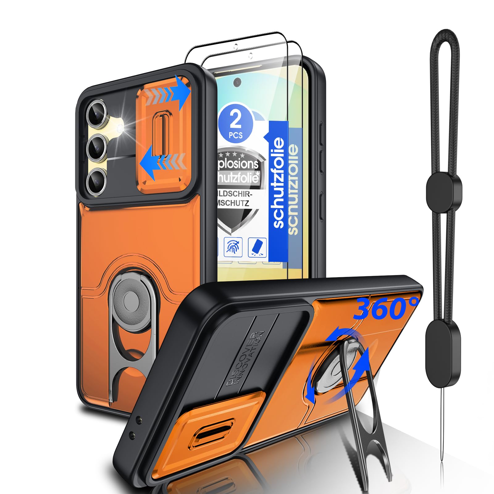 Dizn for Samsung Galaxy S24 FE Case:[Not Fit Samsung S24] with 2 Screen Protector,Strap,Slide Camera Cover,360°Stand,Double-Layer Military-Grade Shockproof Case,for Samsung S 24FE,Orange