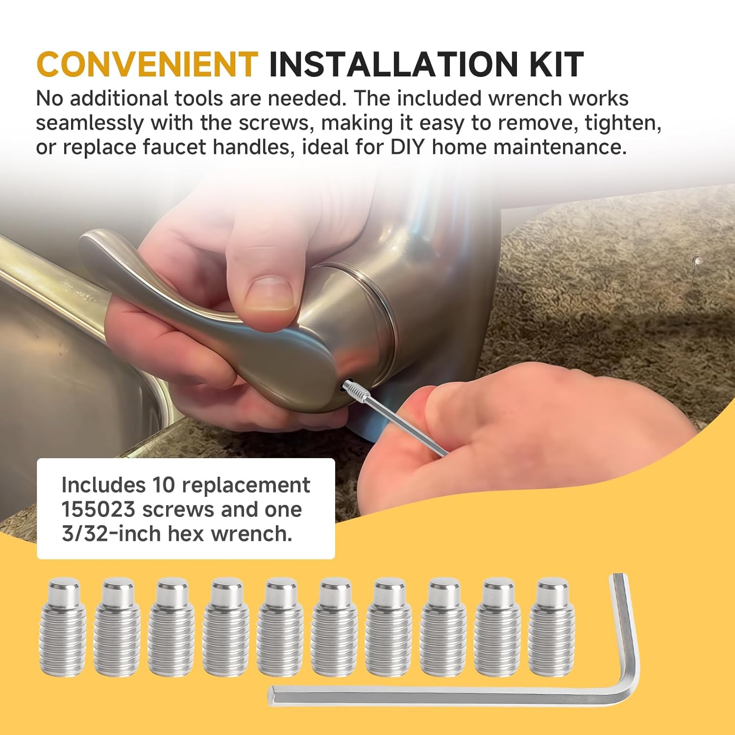 155023 Handle Set Screw Kit, Compatible with Moen Single Handle Kitchen Faucets, Includes 10 Screws and 1 Hex Wrench, Suitable for Kitchen and Bathroom Faucet Repair and Replacement
