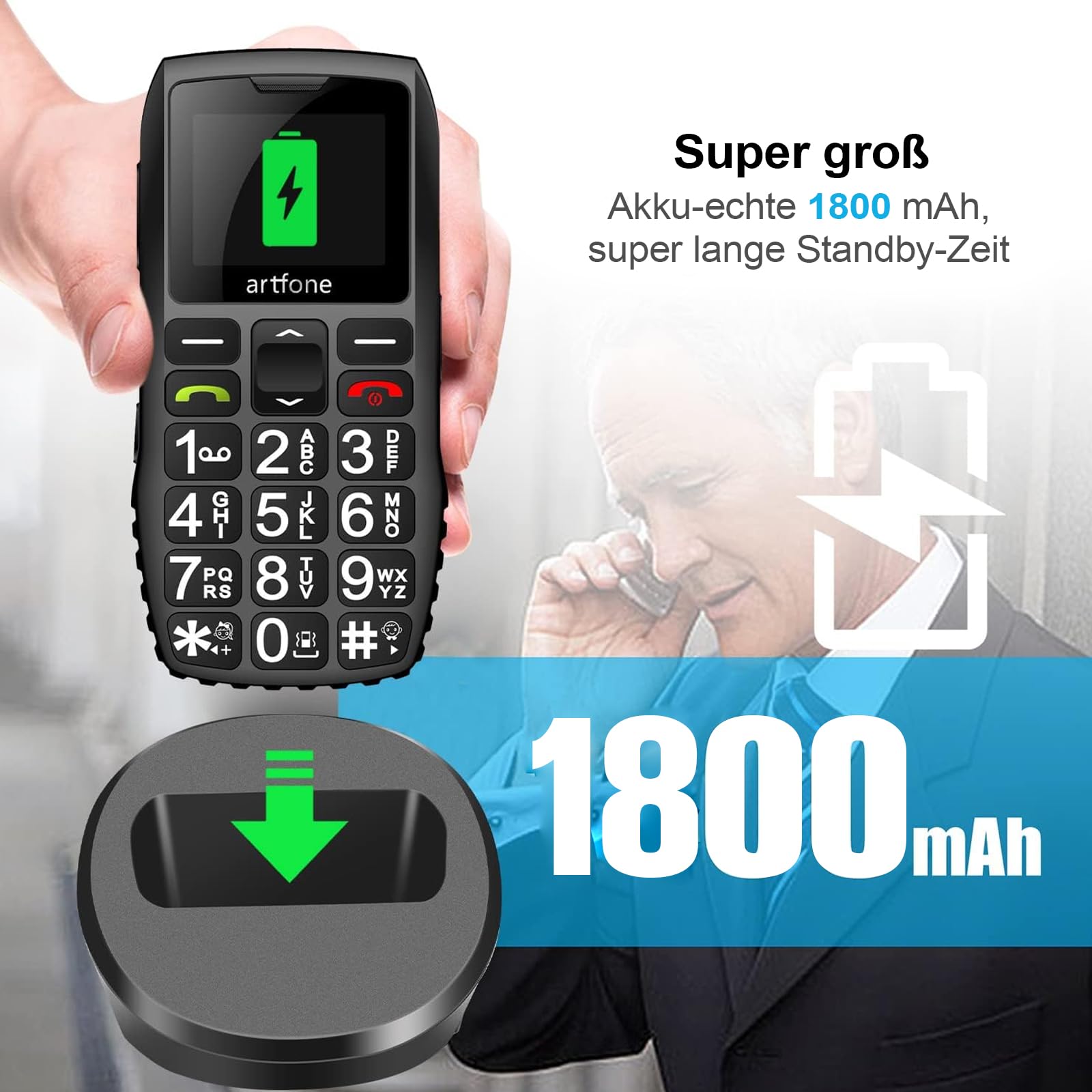 artfone 4G Seniorenhandy ohne Vertrag | SIM mit Notruftaste | Rentner Handy Große Tasten | Taschenlampe | Akku Lange Standby-Zeit | USB-C | Tastenhandy mit Ladestation | 1,77 Zoll Farbdisplay