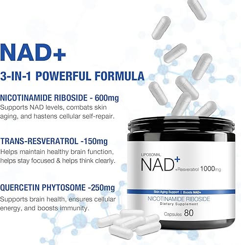 Miniatura 5 de Suplemento NAD - NAD nicotinamida ribósido resveratrol 1000 mg para hombres mujeres, liposomal NAD Plus, suplemento NR para energía de impulso