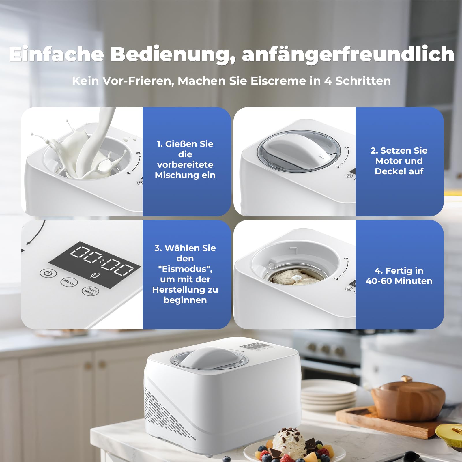 Eismaschine mit Kompressor 1L, Selbstkühlend, Entnehmbarer Eisbehälter, Weiß