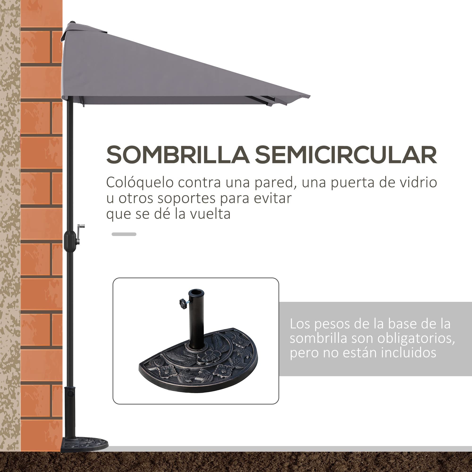 Outsunny Sombrilla Rectangular 230x130x245 cm Parasol para Pared con Manivela Protección UV 30+ Impermeable Sombrilla para Balcón Terraza Jardín Gris
