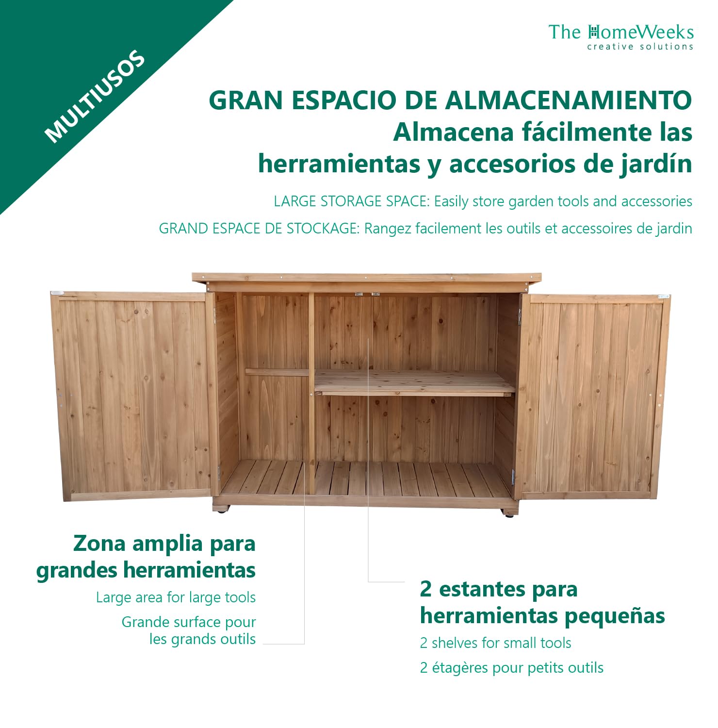 The Homeweeks Cobertizo Armario Jardín | IZELA | Madera Tratada Maciza 128 * 52 * 88cm | Armario Multiusos | Impermeable | para Almacenamiento de Herramientas y Accesorios de jardín
