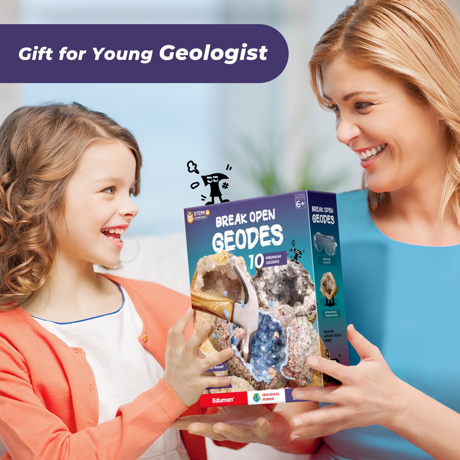 EDUMAN Break Open 10 Premium Geodes with Crystals - STEM Educational Geology Science Kit, Real Crystal Geodes Kits for Toys Gifts Kids Boys & Girls