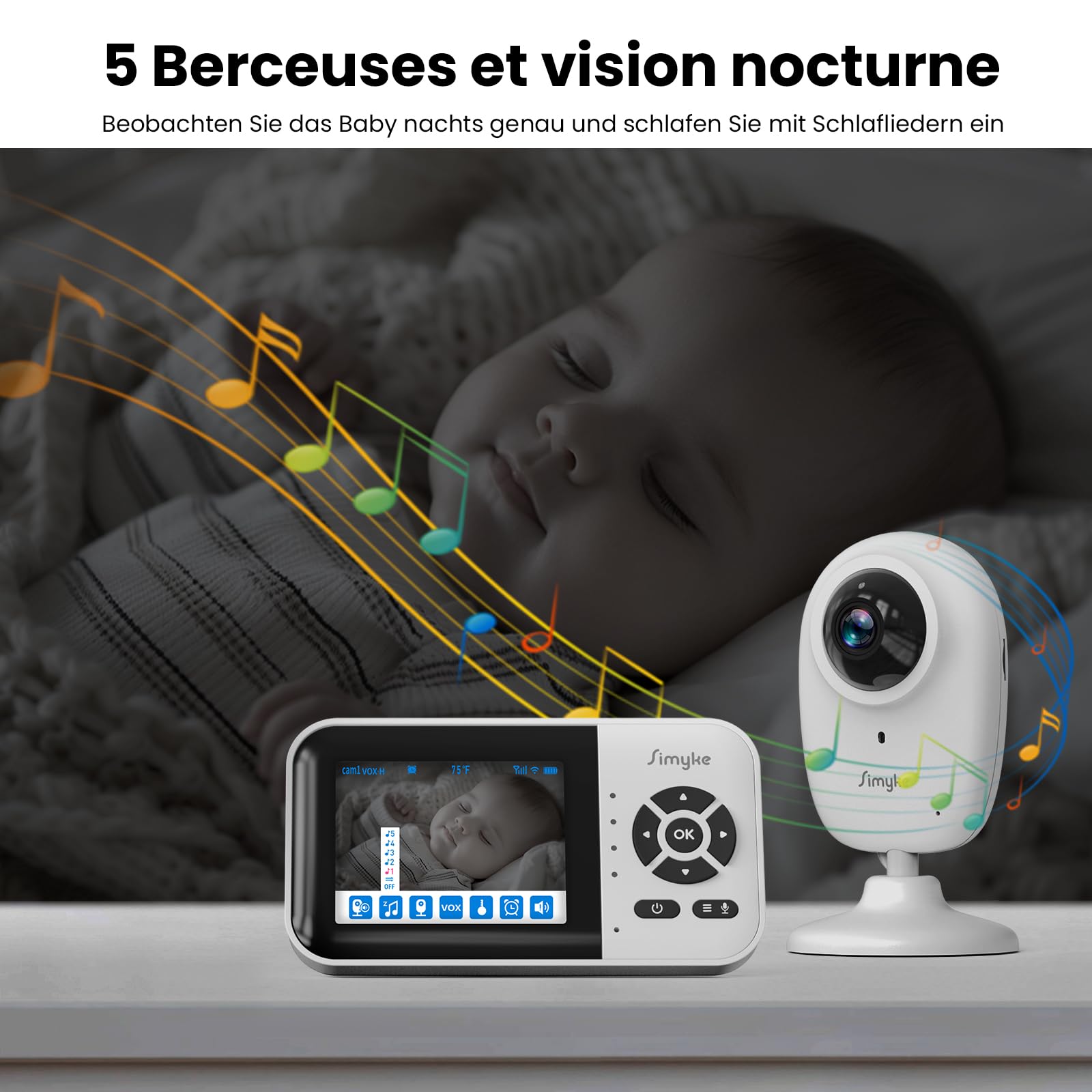 Simyke Moniteur Intelligent pour bébé, 2 caméras 1080p, Interrupteur Wi-FI Marche/arrêt, écran de 2,8" ou accès à Distance WiFi, Vision Nocturne, Longue portée de 450 m, Conversation bidirectionnelle