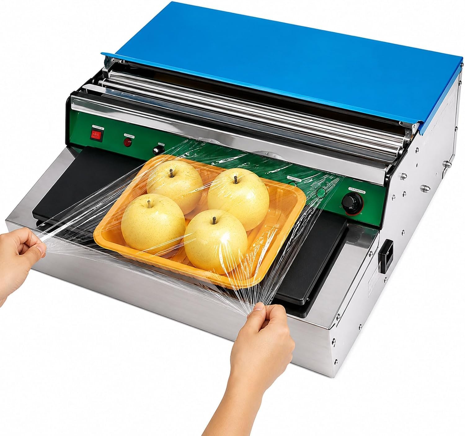Selladora de bandejas de alimentos de acero inoxidable con cortador de film térmico, calor ajustable, compatible con rollos de 450 mm.