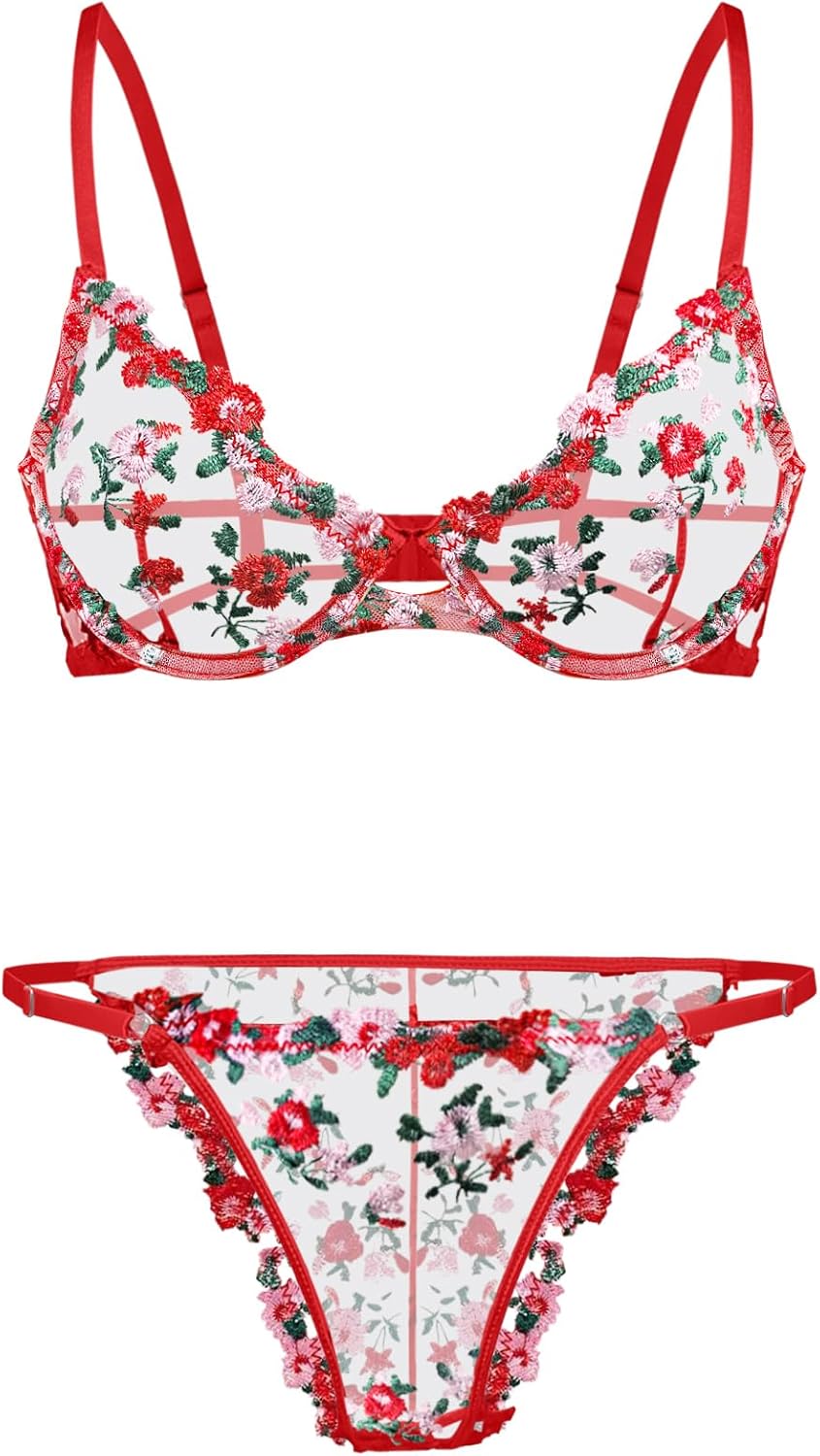 Lilosy Sexy Floral Embroidered Mesh Sheer Underwire Lingerie Set
