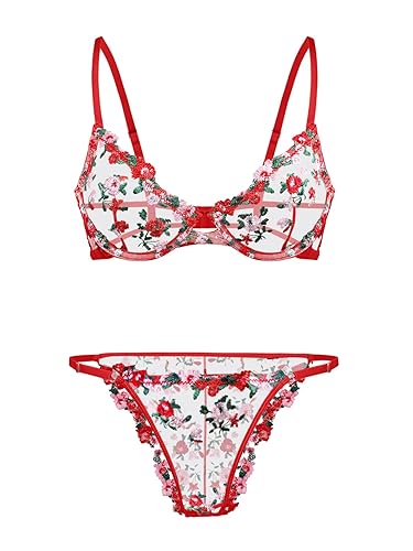 Lilosy Sexy Floral Embroidered Mesh Sheer Underwire Lingerie Set - XX-Large - Flower Red