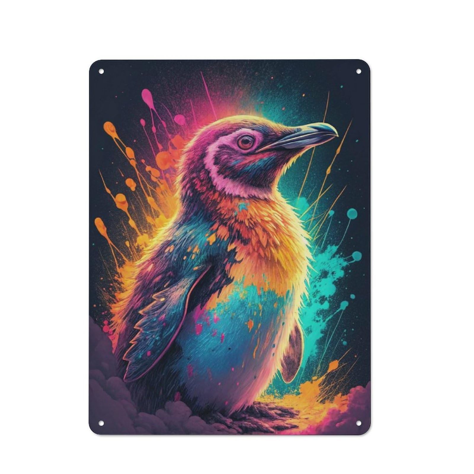 Vibrant Penguin with Colorful Splashes Decorative Tin Sign 40x30cm, Distressed Look Vintage Wall Decor for Lounge, Study, Pub Or Wall Gallery