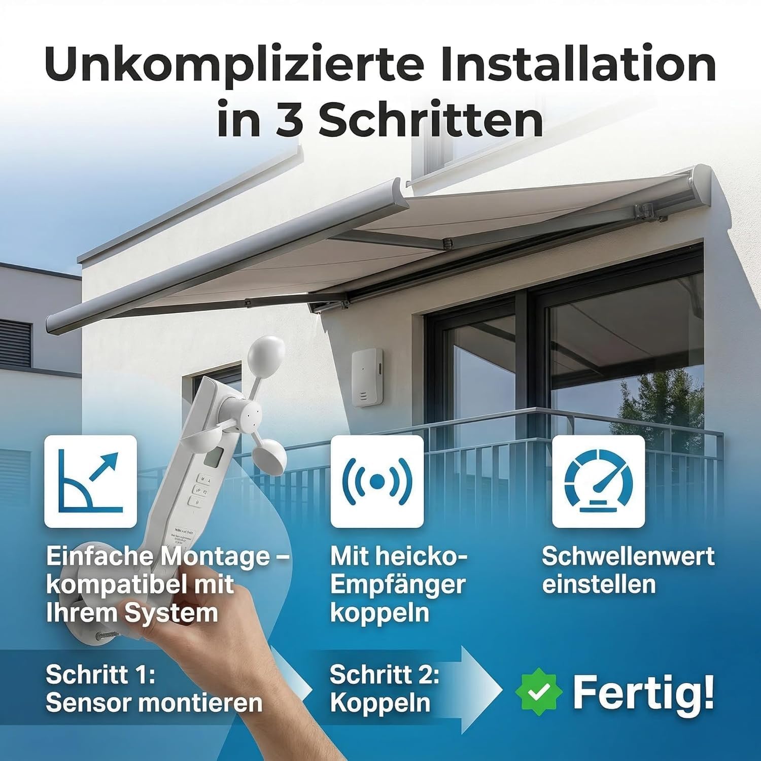 1-Kanal Wind- und Sonnensensor für Markisen (1 ST) | sowie für weitere Außenbeschattungen, Funkprotokoll G2 und BI