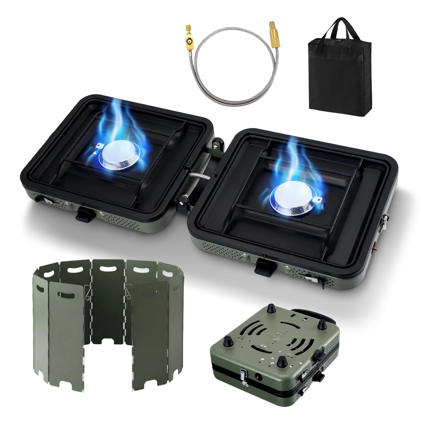 Réchaud de camping à gaz double brûleur pliable pour cuisiner face au vent