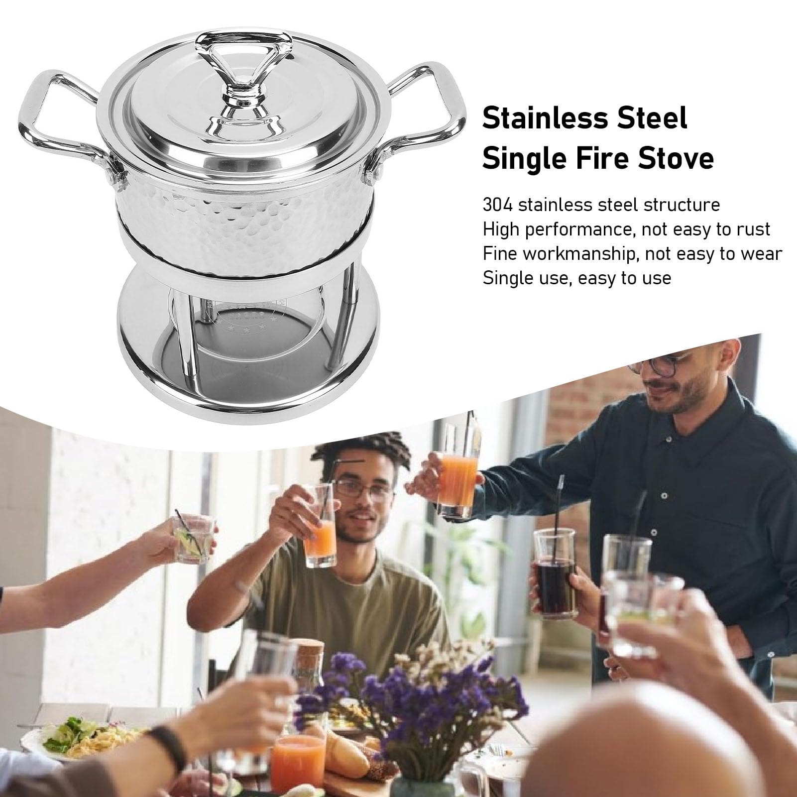 Lybunair 304 Stainless Steel Single Fire Stove, Individual Food Warmer Pan, Camping Hot Pot with Lid for Family and Dormitory