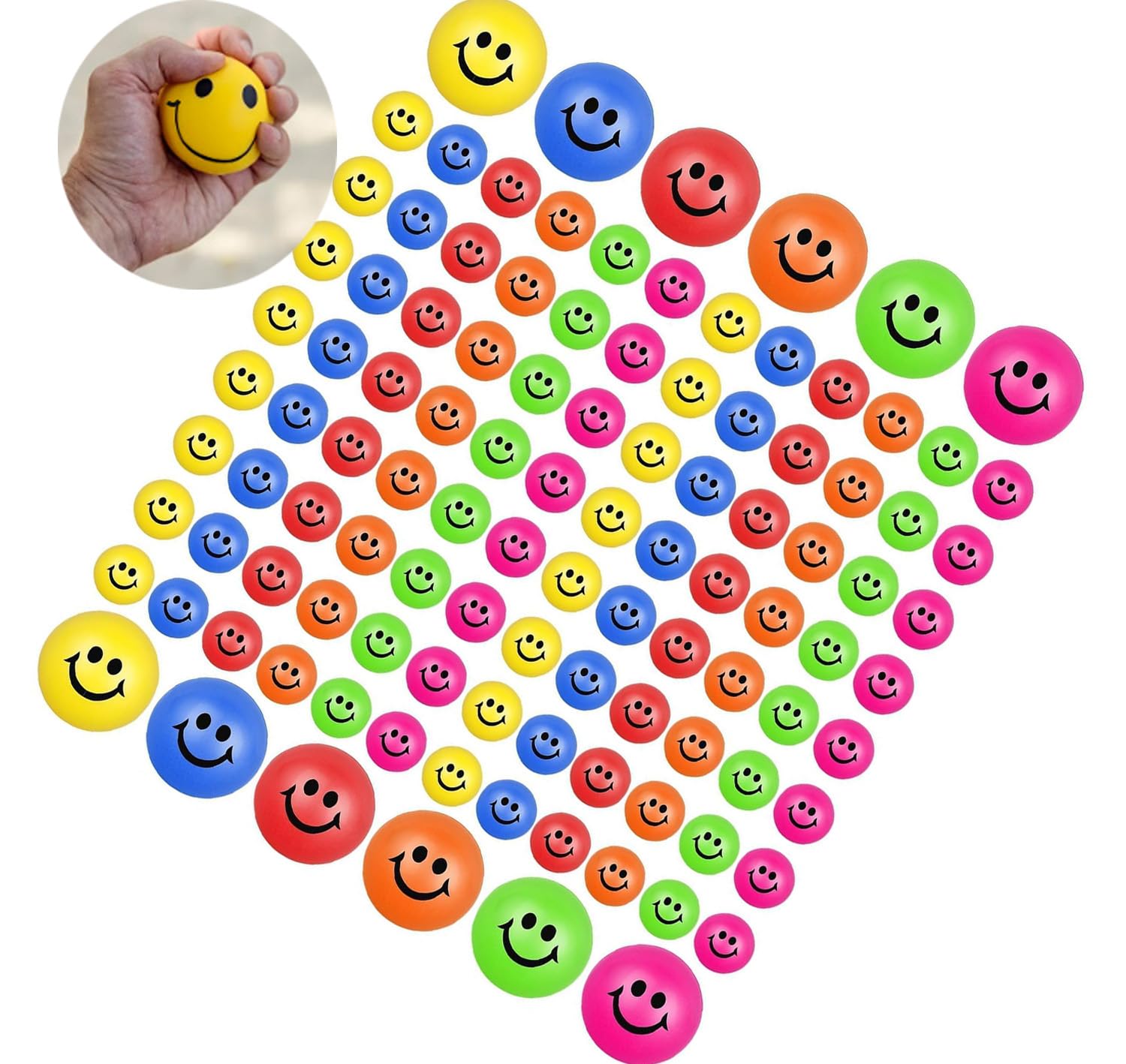 108 Stück Stressbälle Squeeze Ball, Lächeln Gesicht Stressbälle, Mini Stressabbau Bälle Spielzeug für Angst Abbauen Beruhigung Kinder Erwachsene,6cm Schaumstoffball, Antistressball
