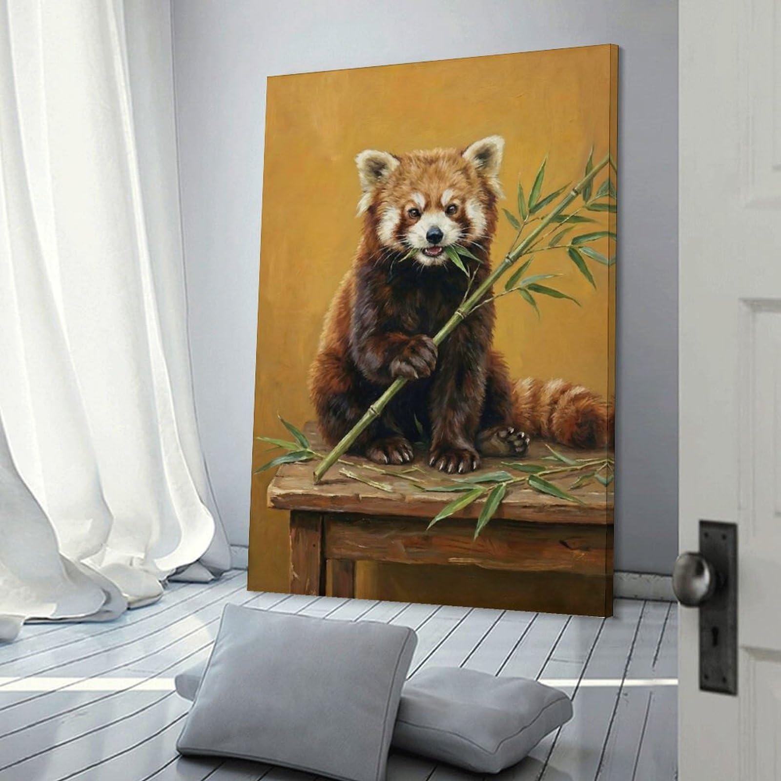 Junmoney Red Panda Eating Bamboo Painting Canvas Wall Picture 16x24inch(40x60cm), for Entryway, Lounge Links Or Small Walls, Decorative Canvas Styling for Entry Areas