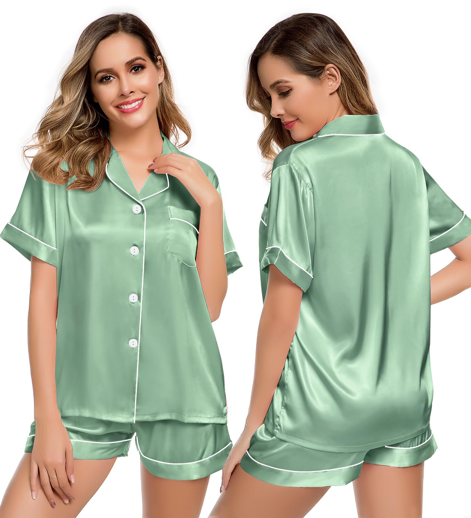 LecGee Womens Silk Satin Pajamas Short Sleeve Loungewear Two-Piece Sleepwear Button-Down Pj Set Avocado Green X-Large