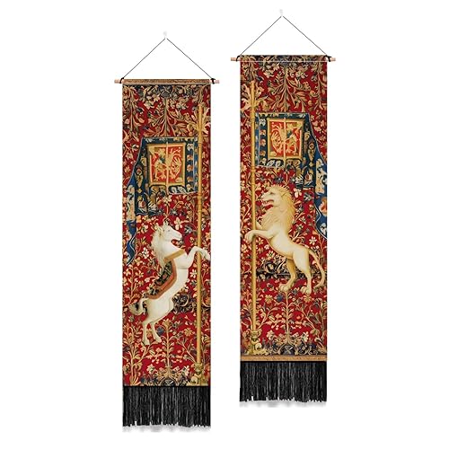 PLIGREAT 2 Pack Horse Lion Tapestry Vertical Vintage Art Wall Hanging with Tassels Aesthetic Wall Tapestry for Bedroom Living Room Long Narrow Home Art Decor Gift - red,blue