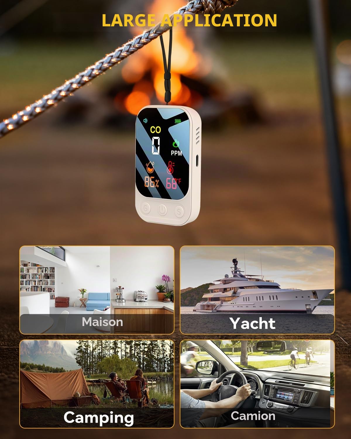 3 en 1 Detecteur Monoxyde Carbone Détecteur de Monoxyde de Carbone Portable Alarme de CO Rechargeable avec Température Humidité Alarme Sonore et Visuelle pour Maison Voyages Caravane