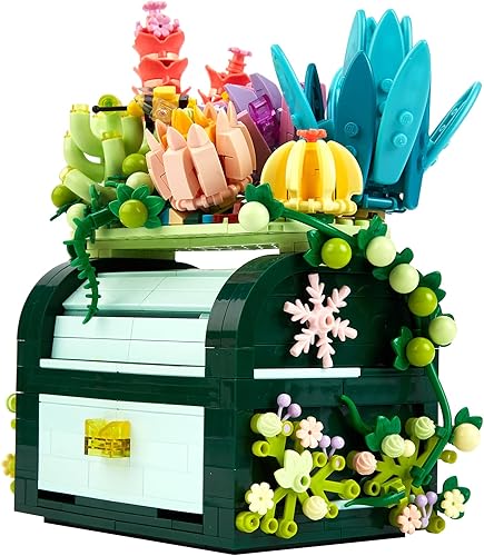 Juego de construcción de cajas de suculentas con flores para adultos, mini bloques de construcción de juguete para la decoración de oficina y el
