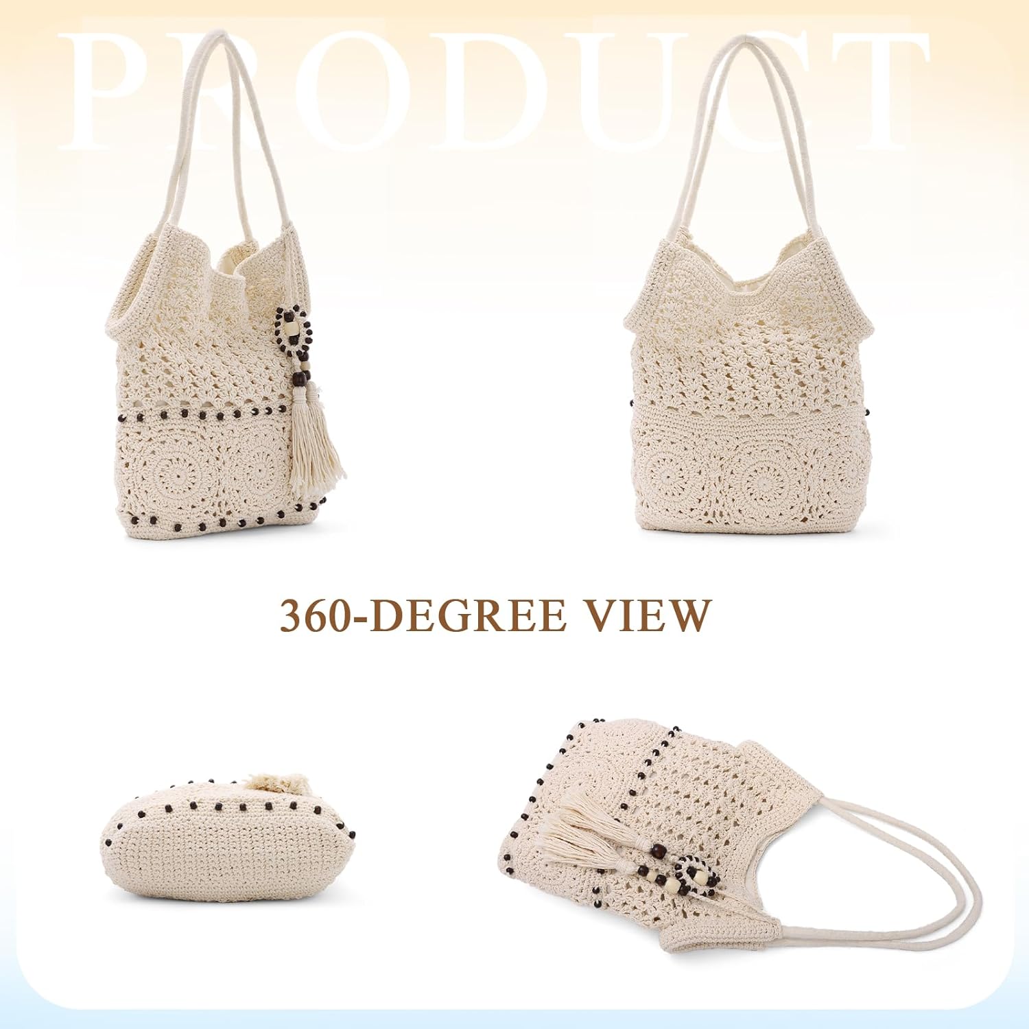 GOKTOW Crochet Shoulder Bag for Women Summer Beach Tote Bags Handwoven Cotton Hobo Vacation Purse with Tassel