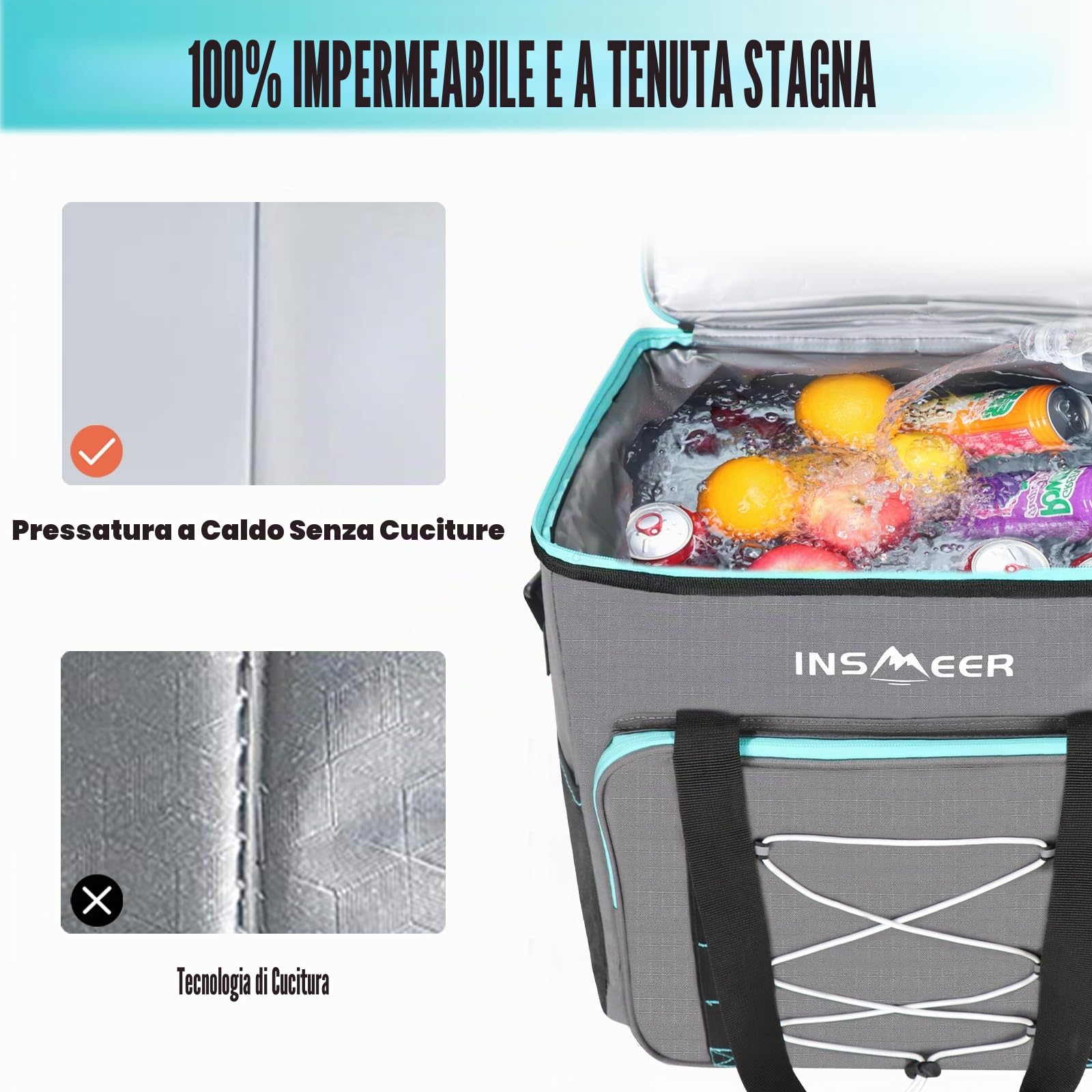 INSMEER Borsa termica Gross da 55 l, 80 cans, pieghevole, a prova di perdite e impermeabile, con apribottiglie, XXL, borsa da picnic e shopping per gite, campeggio, spiaggia