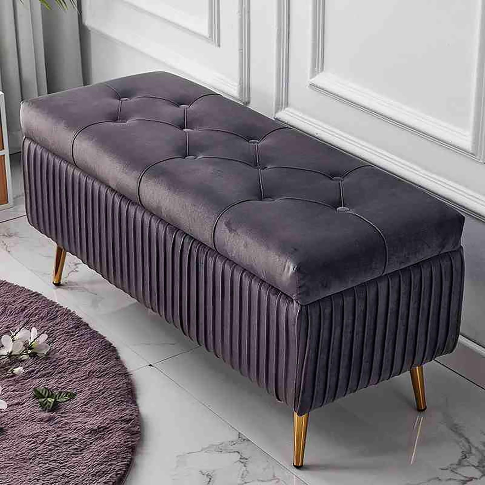 LUUYYI Banco de almacenamiento rectangular morado para dormitorio y sala de estar, cambiador de zapatos de madera con extremo de la cama, compartimento de almacenamiento, banco de entrada para