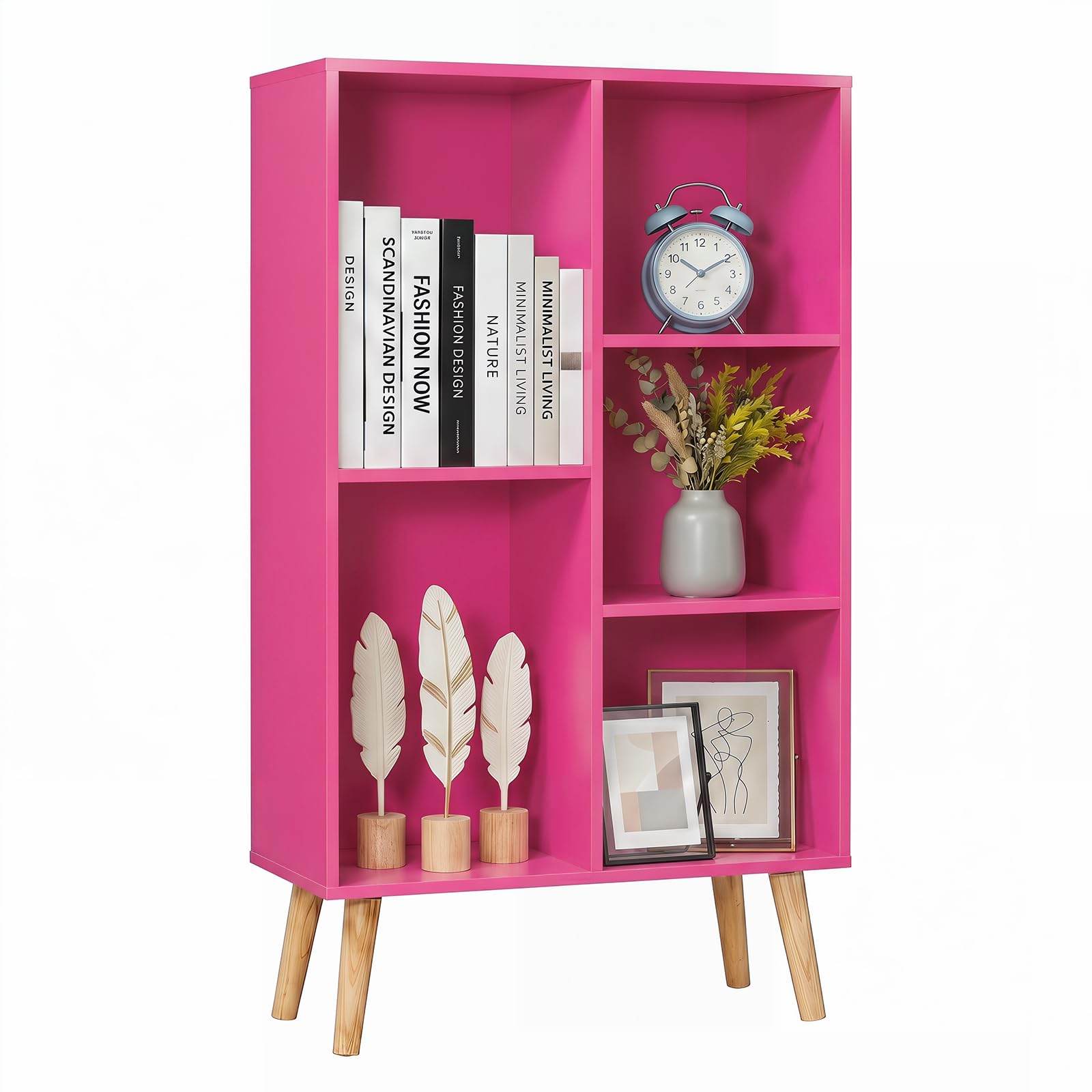YAHARBO Small Pink Bookshelf,3 Tier Modern Kids Bookcase with Legs,5 Cube Wooden Bookshelves Storage Shelf,Book Shelves Organizer,Display Bookcases Cabinet for Room Nursery Study