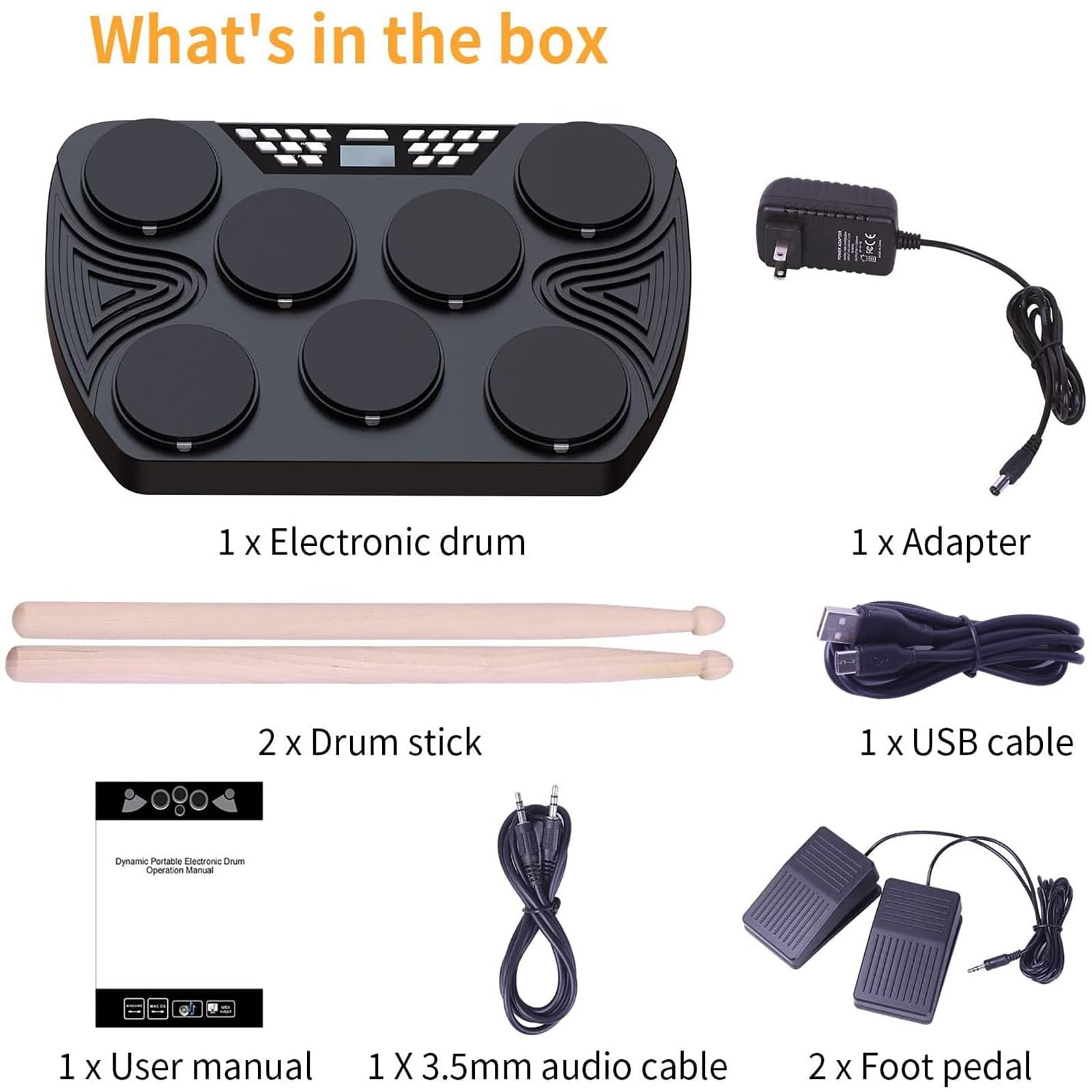 Batería Electrónica, Batería Eléctrica de Mesa con 2 Pedales y 2 Baquetas, Almohadilla de Batería de Práctica de 7 Pads con Panel Digital, Altavoces Incorporados, Soporte de Conexión de PC