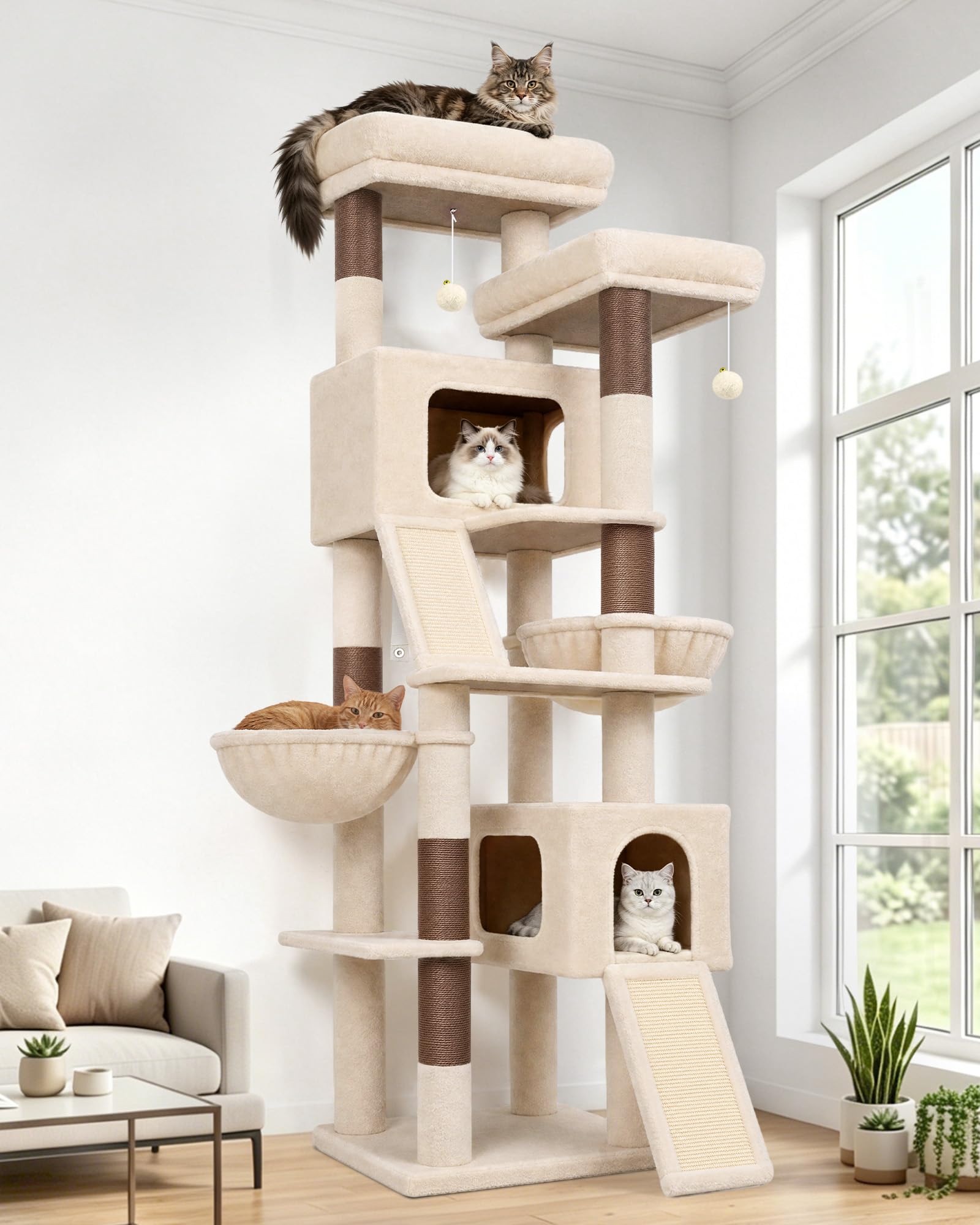 Globlazer Árbol Rascador Beige XXL Estable 190 cm para Grande Gatos F74C | Diseño estable y antivuelco, 2 Tabla Rascar Sisal, manual ilustrado.Árbol Rascador para Grande Gato Adulto Gatos Más de 7 kg.