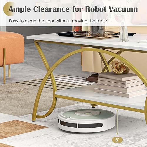 Miniatura 7 de Giantex Mesa auxiliar rectangular de 2 niveles, mesa de mármol sintético con estante de almacenamiento abierto, marco de metal acabado dorado, mesa