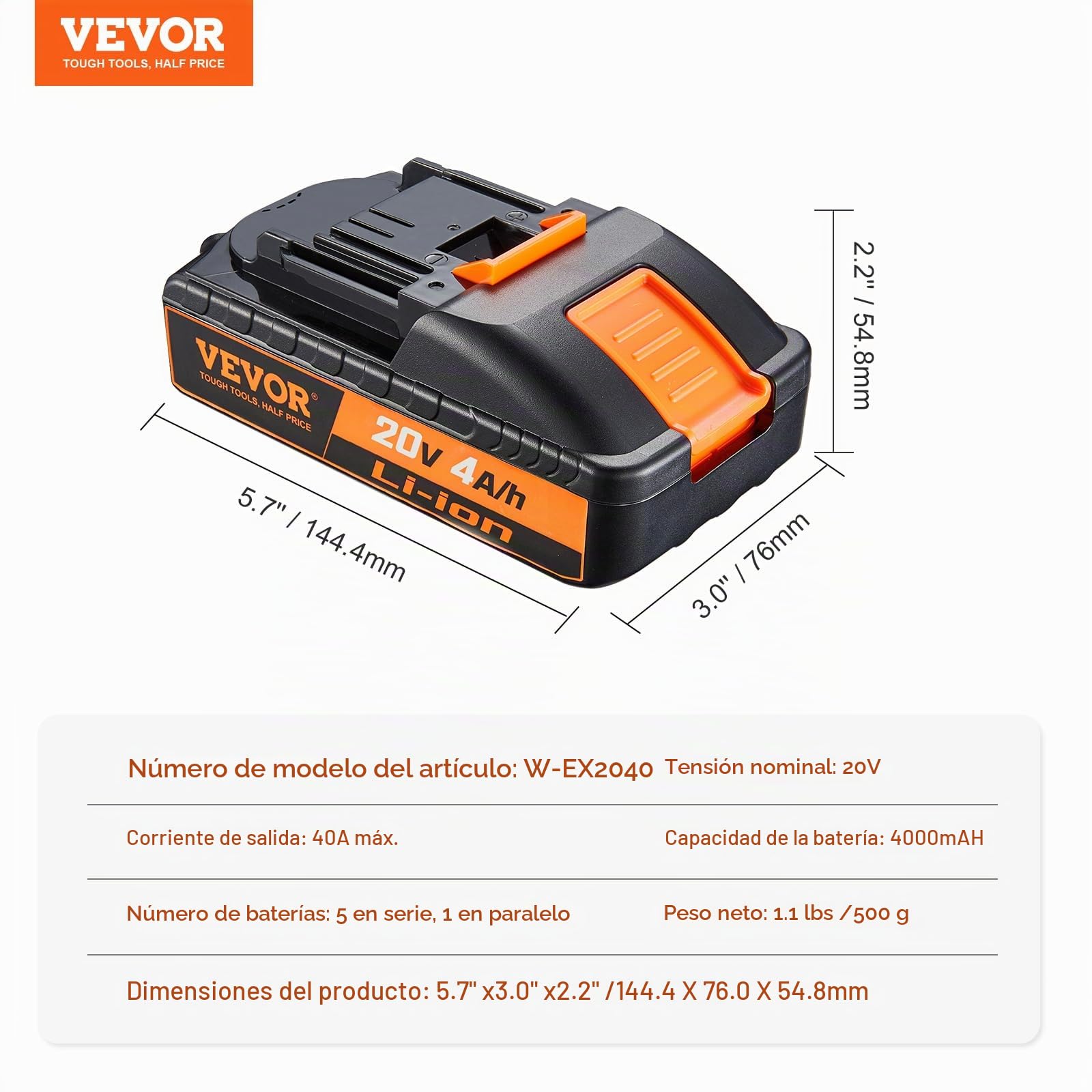 VEVOR Batería de Repuesto de Litio 20V 4Ah para Herramientas Eléctricas de Iones de Litio Compatible con Herramientas Eléctricas Inalámbricas de 20 V Batería de Repuesto para Herramientas Eléctricas
