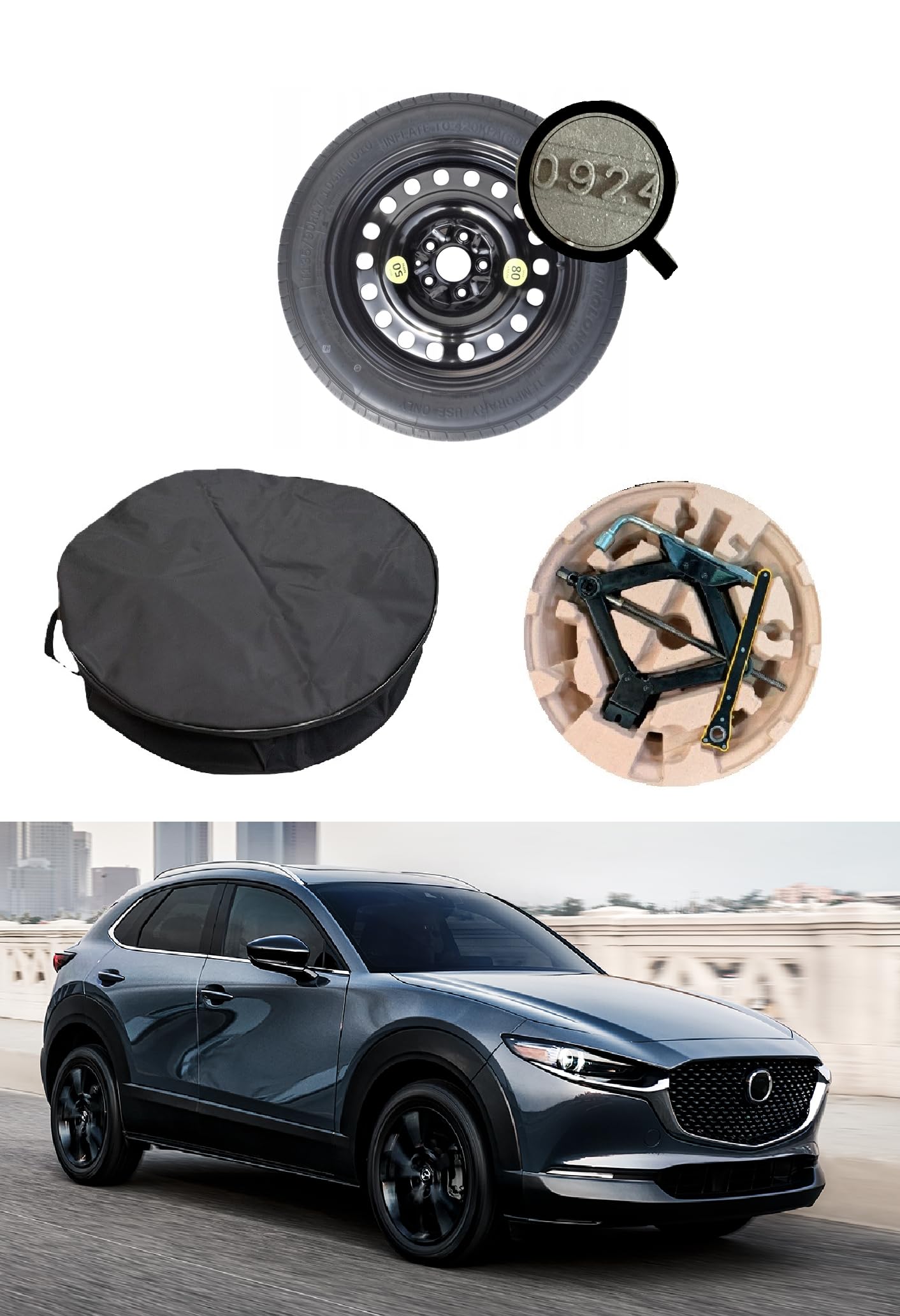 Kit Ruotino di Scorta 17" compatibile con Mazda CX-30 con Cric, Chiave, Sacca e Contenitore 135/80R17