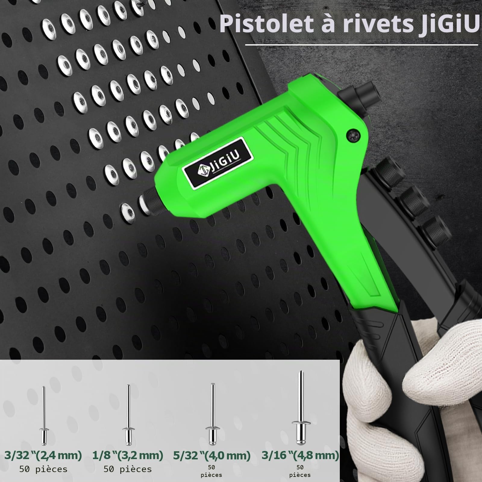 JiGiU Pistolet à Rivets avec 200 Rivets, Kit de Pistolet à Rivets à Main, Outil de Rivetage Manuel Professionnel avec 4 Embouts Interchangeables Sans Outil, Design de Poignée Ergonomique